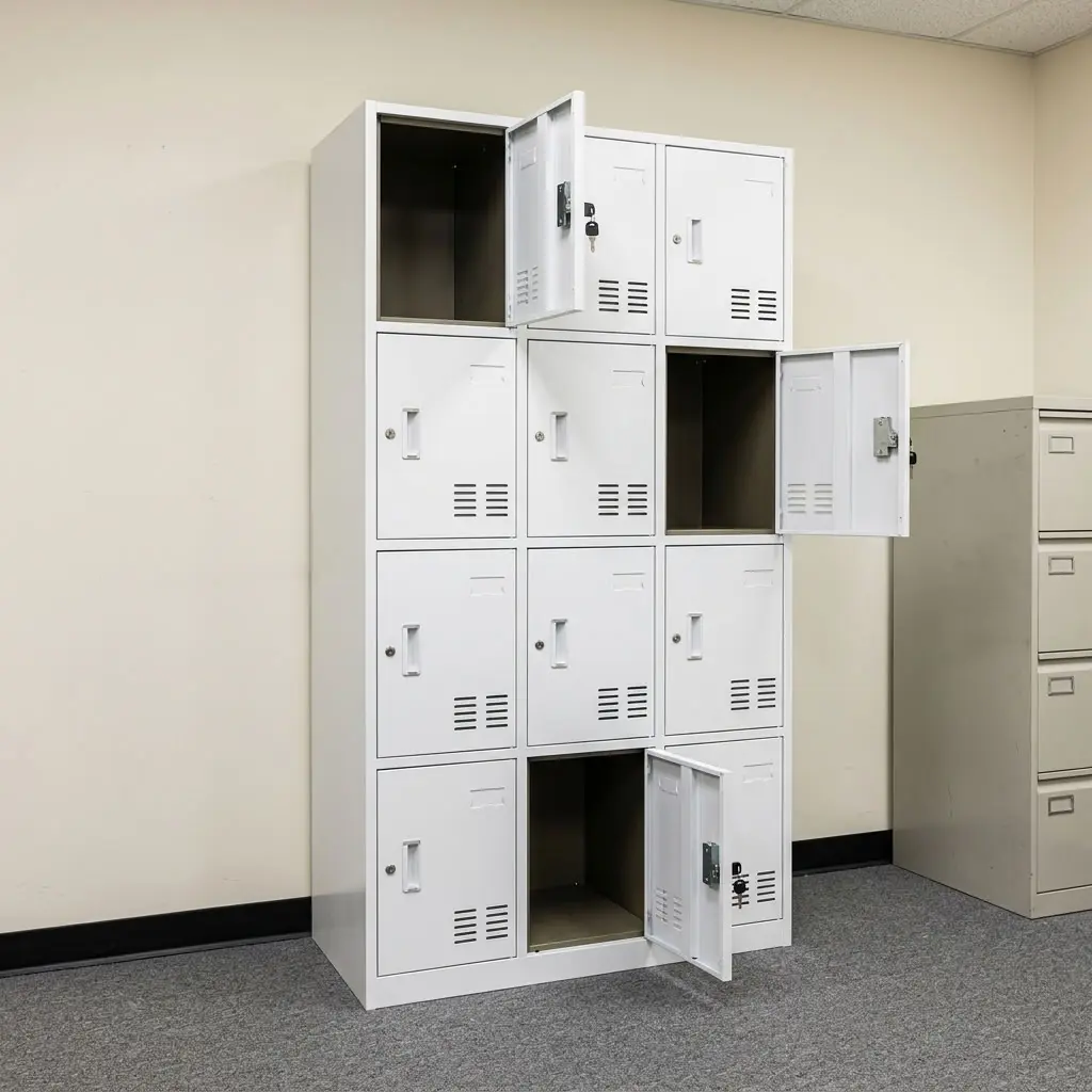 Steel 12 locker file cabinet featuring a durable light grey powder-coated steel frame, twelve individual compartment doors arranged in a 3x4 grid, integrated ventilation louver slots, recessed label holders, individual key lock mechanisms with metal pull handles, and a reinforced floor-standing base.