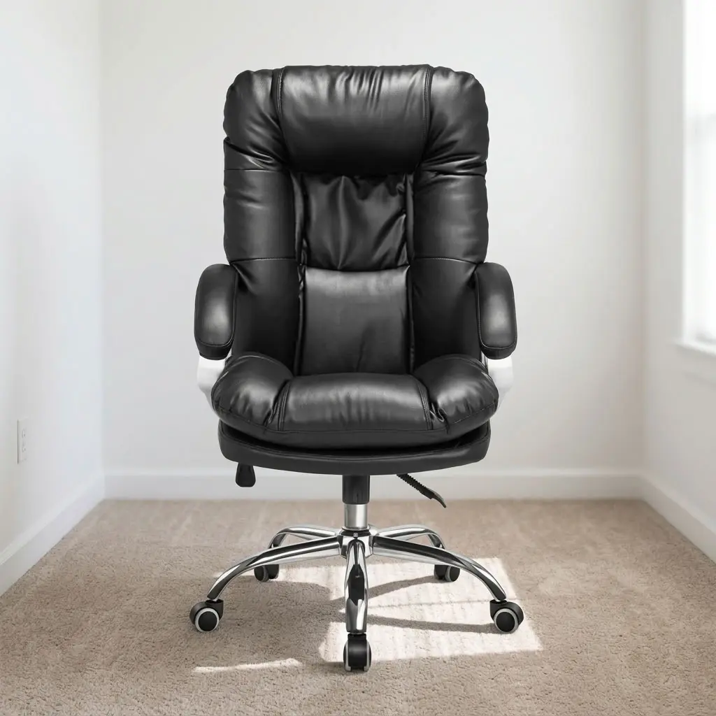 Directors leather executive chair featuring premium black bonded leather upholstery, plush double-padded high-back cushioning with integrated headrest and lumbar support, cushioned armrests with silver metallic supports, tilt tension control with pneumatic seat-height adjustment levers, and a polished chrome five-star swivel base on dual-wheel casters.