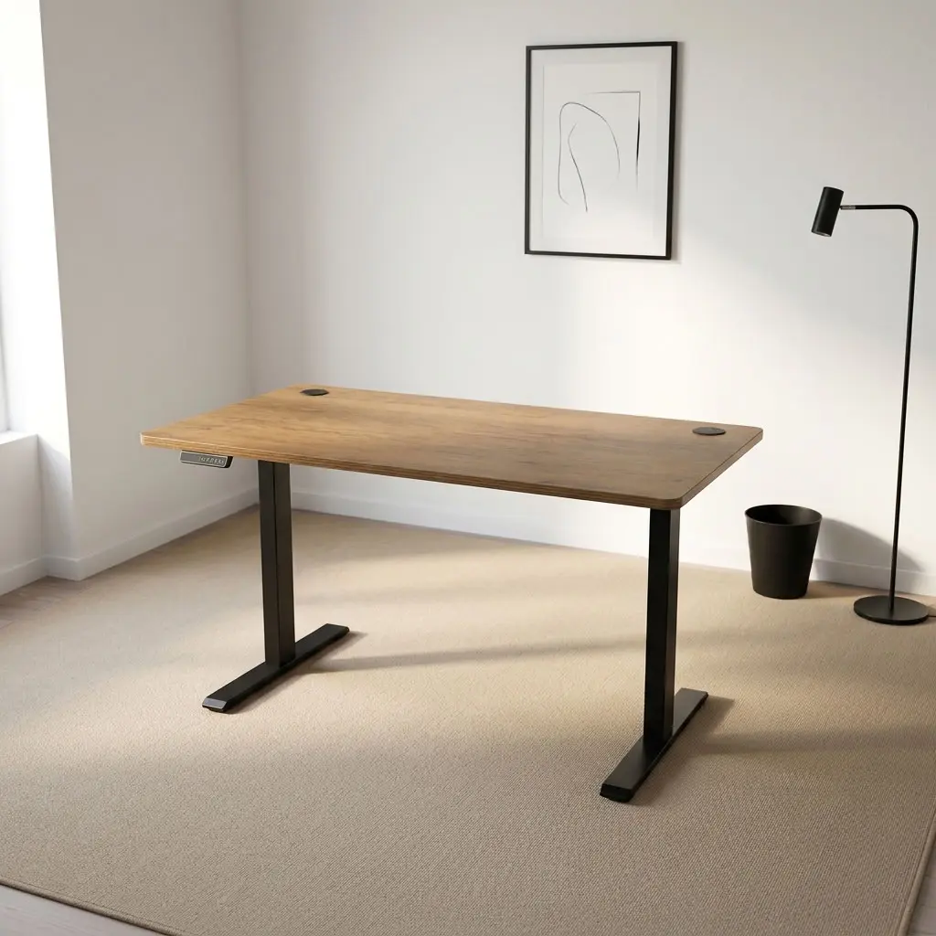 120cm height adjustable electric table featuring a walnut wood-grain laminate rectangular tabletop with rounded corners, dual circular wire grommets, an under-desk digital keypad controller with programmable memory height presets, motorized elevation adjustment, and a heavy-duty black powder-coated steel T-frame base.