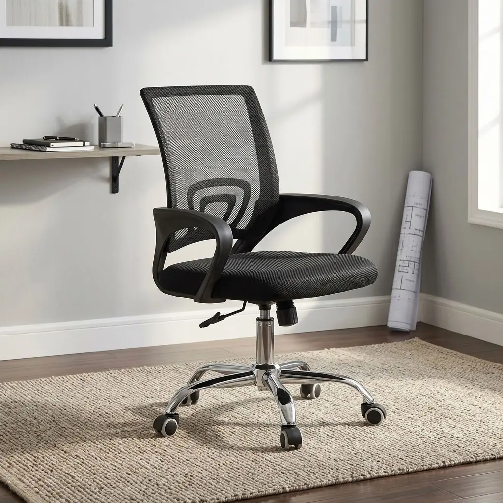 Clerical office staff chair featuring a mid-back black mesh backrest with built-in lower back lumbar support, a padded high-density fabric seat cushion, curved fixed loop armrests, a pneumatic seat-height adjustment gas lift lever, and a heavy-duty chrome five-star swivel base on dual-wheel hooded casters.