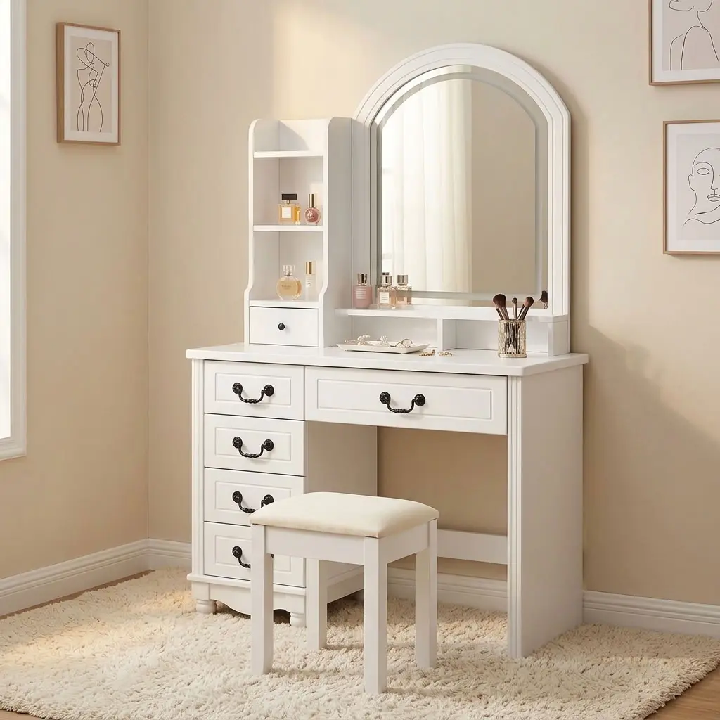 White dressing table with led featuring a matte white painted wood finish, a large arched vanity mirror with integrated perimeter LED strip lighting, open hutch shelving with a mini drawer, five storage drawers with decorative black metal pull handles, and a solid wooden frame with a matching padded stool.