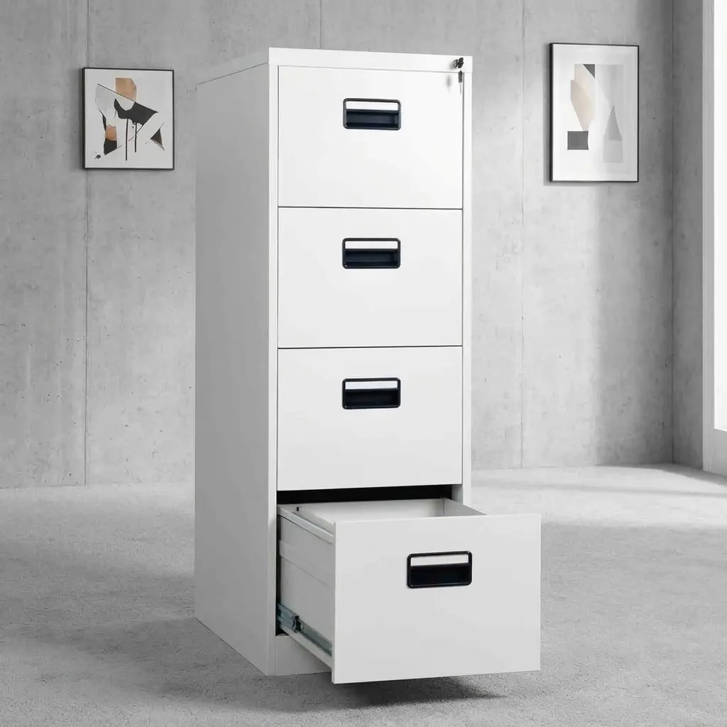 Steel 4 drawer file cabinet featuring a durable white powder-coated steel frame, four full-extension vertical filing drawers equipped for document storage, recessed black plastic handles with integrated index label slots, smooth ball-bearing drawer slides, and a top-drawer central locking mechanism.