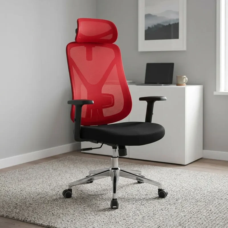 Red swivel office chair featuring breathable red mesh backrest upholstery, an adjustable matching red headrest, an ergonomic frame with lower back lumbar support, a padded black fabric cushion seat, black T-armrests, a pneumatic seat-height adjustment gas lift lever, and a heavy-duty chrome five-star swivel base on dual-wheel casters.
