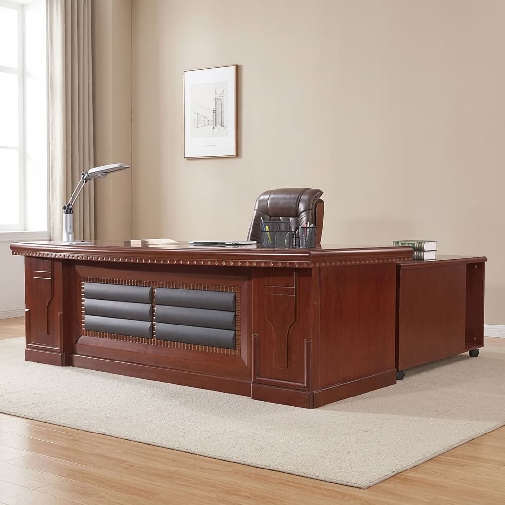 Executive 2m mahogany office table featuring a classic mahogany wood-veneer finish, a spacious rectangular main desk surface, a front modesty panel accented with cushioned dark leatherette panels and slatted timber detailing, an attached side-return credenza cabinet, built-in wire management grommets, and a sturdy solid wooden pedestal base.