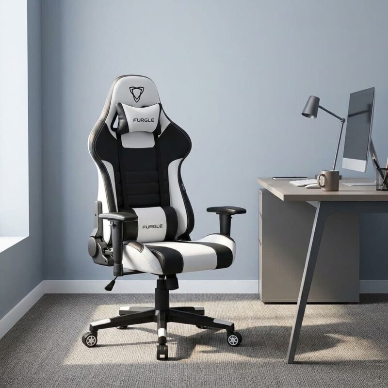 Ergonomic white gaming chair featuring dual-tone white and black PU leather upholstery, an ergonomic high-back racing style bucket seat with detachable neck and lumbar support pillows, height-adjustable 2D T-armrests, 135-degree recline tilt mechanism with pneumatic height adjustment, and a two-tone white and black five-star swivel base on smooth-rolling dual-wheel casters.