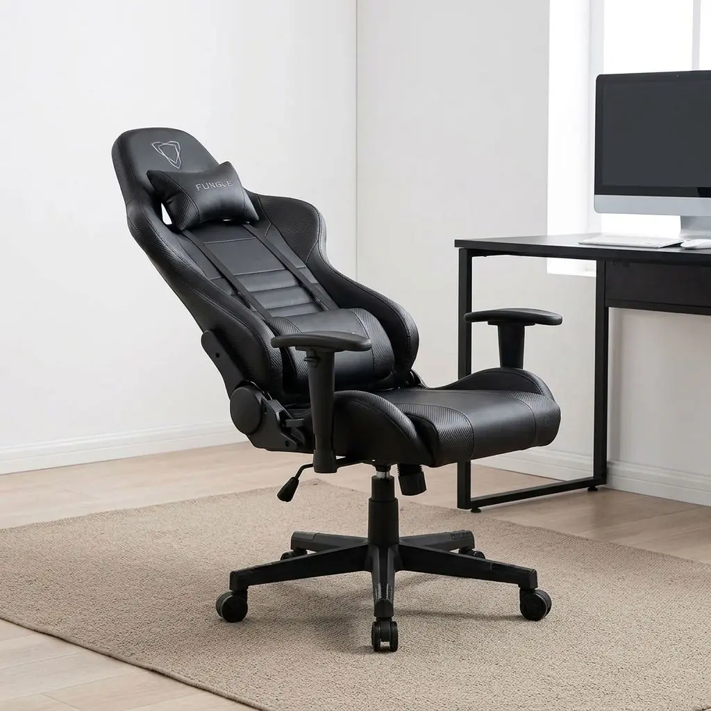 Adjustable black gamer chair featuring black PU leather upholstery with carbon-fiber texture accents, an ergonomic high-back racing style bucket seat with adjustable headrest and lumbar support pillows, height-adjustable 2D T-armrests, full backrest tilt-recline with pneumatic height adjustment, and a heavy-duty black five-star swivel base on smooth-rolling dual-wheel casters.