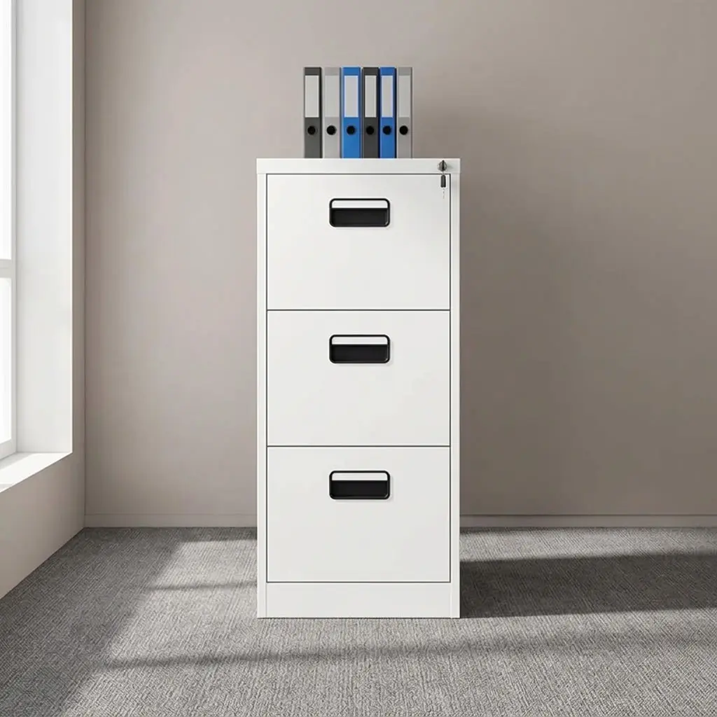 3 drawer steel filing cabinet featuring a durable white powder-coated steel construction, three full-extension vertical filing drawers equipped for document storage, recessed black plastic handles with integrated index label slots, smooth ball-bearing drawer slides, and a top-drawer central locking mechanism.