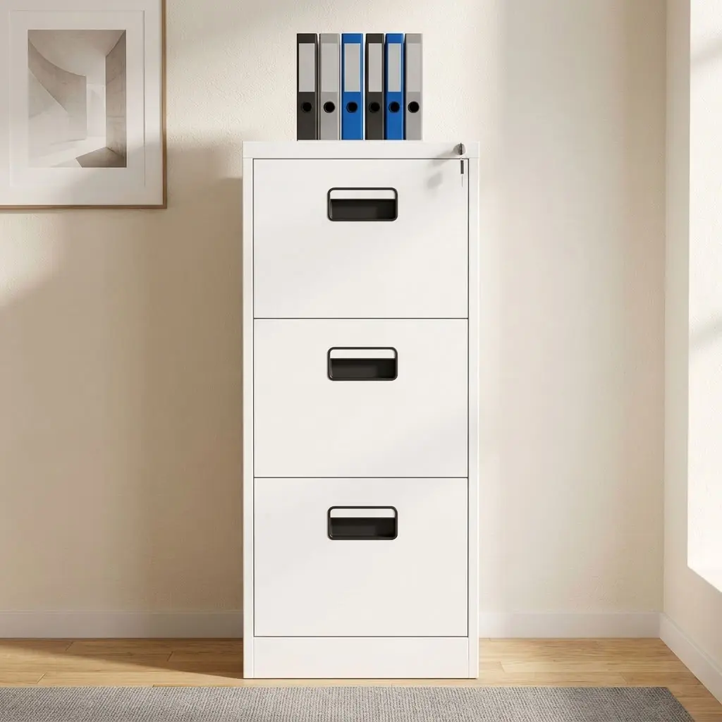 Steel 3 drawer office cabinet featuring a durable white powder-coated steel frame, three full-extension vertical filing drawers equipped for document storage, inset black plastic handles with index card holder slots, smooth ball-bearing drawer slides, and a top-drawer key locking mechanism.