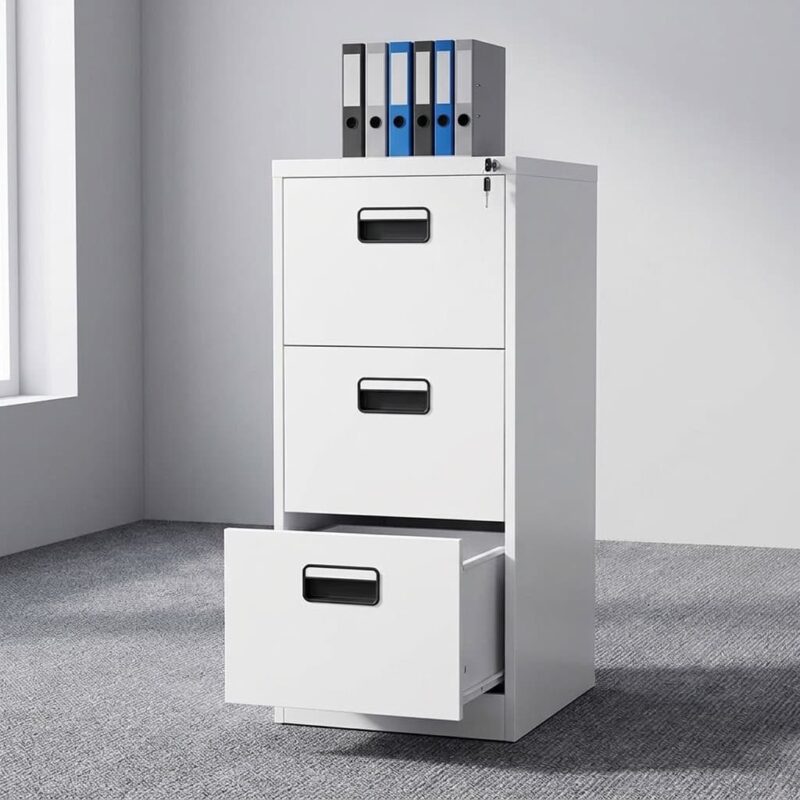 3 drawer steel filing cabinet featuring a durable white powder-coated steel construction, three full-extension vertical filing drawers equipped for document storage, recessed black plastic handles with integrated index label slots, smooth ball-bearing drawer slides, and a top-drawer central locking mechanism.