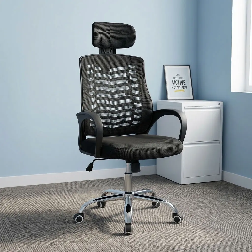 Office chair with headrest featuring breathable black mesh upholstery, an adjustable padded mesh headrest, an ergonomic spine-contoured backrest frame, a high-density black fabric cushion seat, fixed curved loop armrests, a pneumatic seat-height adjustment lever, and a polished chrome five-star swivel base on dual-wheel casters.