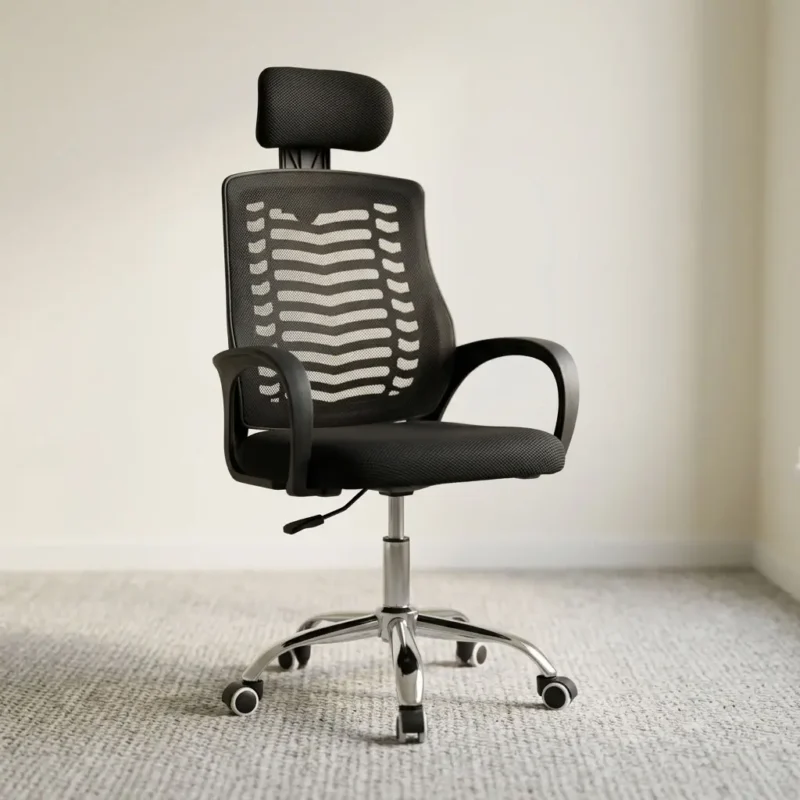 Office chair with headrest featuring breathable black mesh upholstery, an adjustable padded mesh headrest, an ergonomic spine-contoured backrest frame, a high-density black fabric cushion seat, fixed curved loop armrests, a pneumatic seat-height adjustment lever, and a polished chrome five-star swivel base on dual-wheel casters.