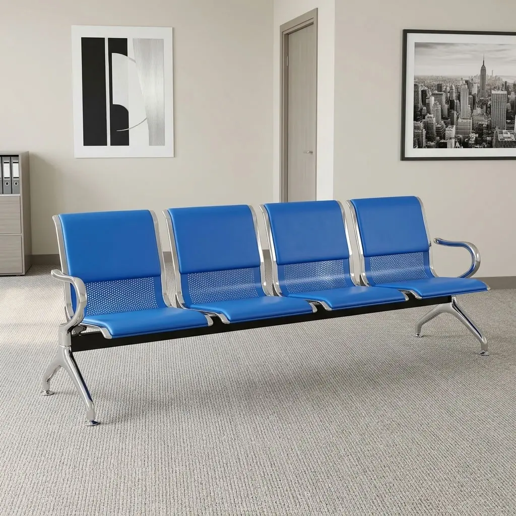 Blue 4-link reception bench featuring blue leatherette padded seat and back cushions over perforated metal shells, chrome-plated side armrests and borders, a heavy-duty black crossbeam support, and angled chrome legs with adjustable leveling feet.