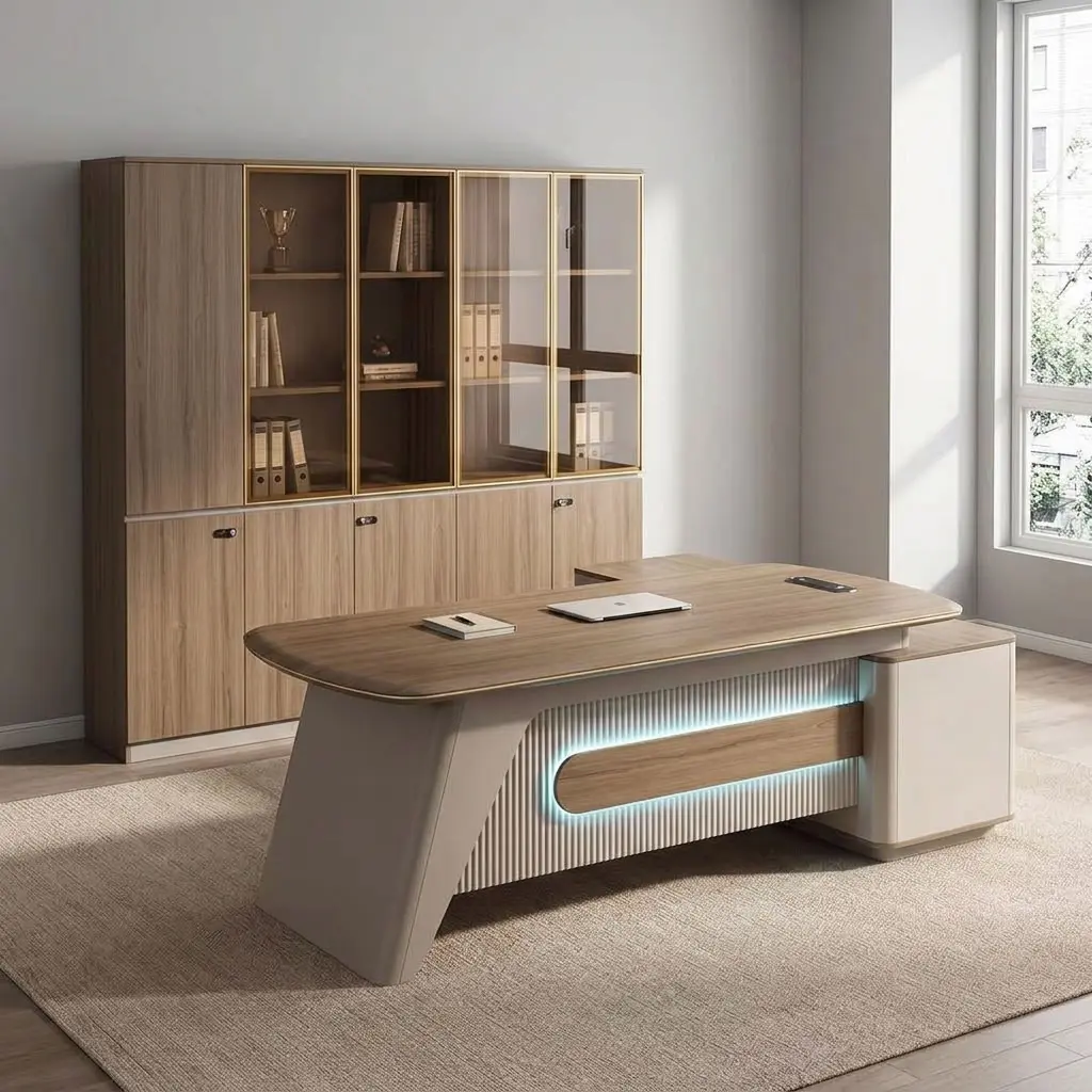 1.8m office table with led featuring a walnut laminate top with rounded brass-trimmed edges, a slatted front modesty panel with integrated blue ambient LED backlighting and walnut trim detail, a side-return storage cabinet, built-in desktop cable grommets, and angled pedestal legs.