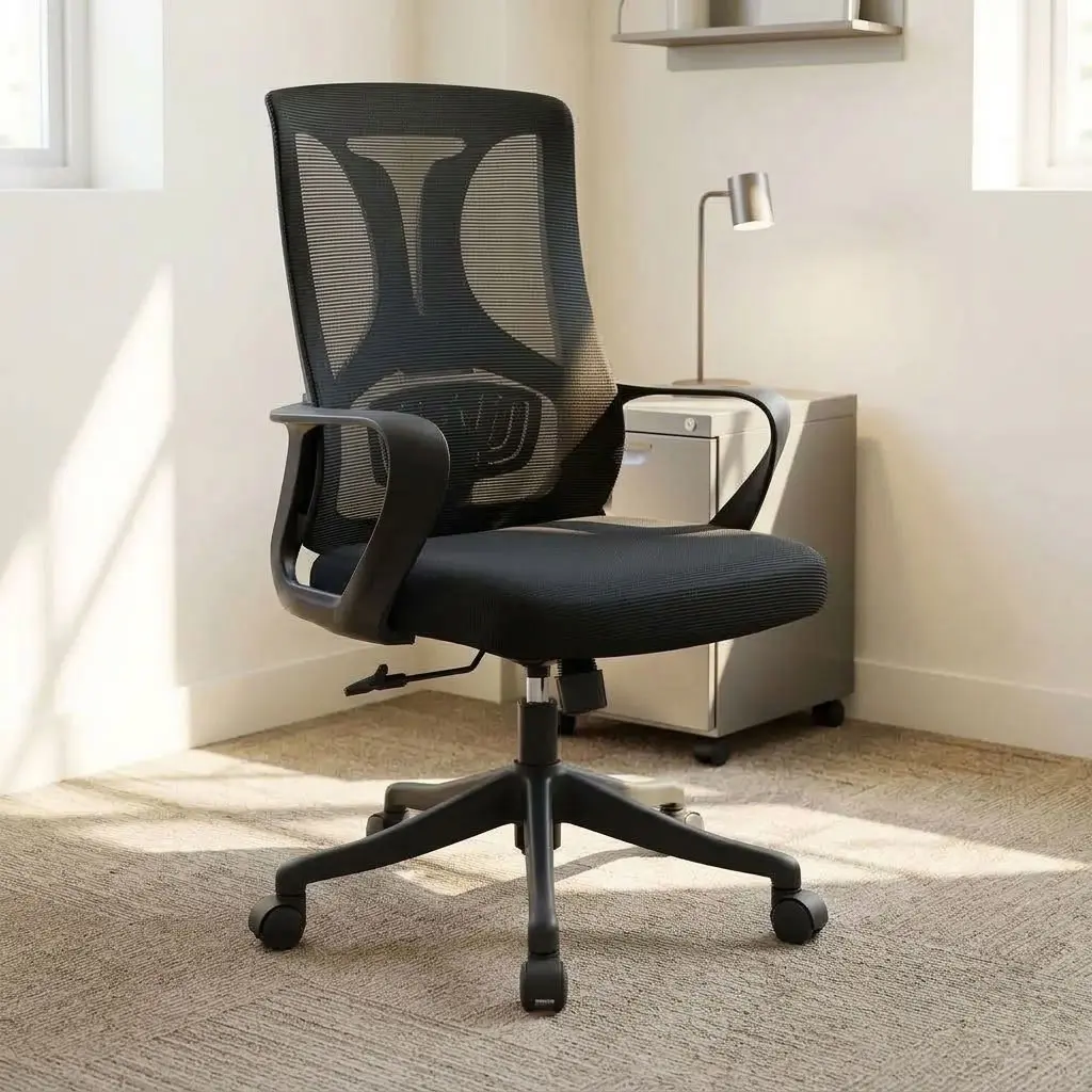 Medium back mesh staff chair featuring a breathable black mesh mid-back backrest with high-density fabric padded seat cushion, an integrated Y-shaped ergonomic back frame with adjustable lumbar support, fixed black polypropylene armrests, a pneumatic height-adjustment lever with tilt mechanism, and a black heavy-duty nylon five-star swivel base on dual-wheel casters.