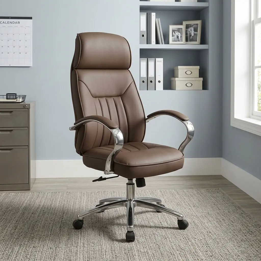 Brown leather swivel office chair featuring taupe-brown leatherette upholstery with vertical channel stitching, an ergonomic high-back backrest with a padded headrest pillow, polished chrome curved loop armrests with upholstered brown arm pads, a pneumatic height-adjustment lever with tilt-tension control mechanism, and a polished chrome five-star swivel base on dual-wheel casters.