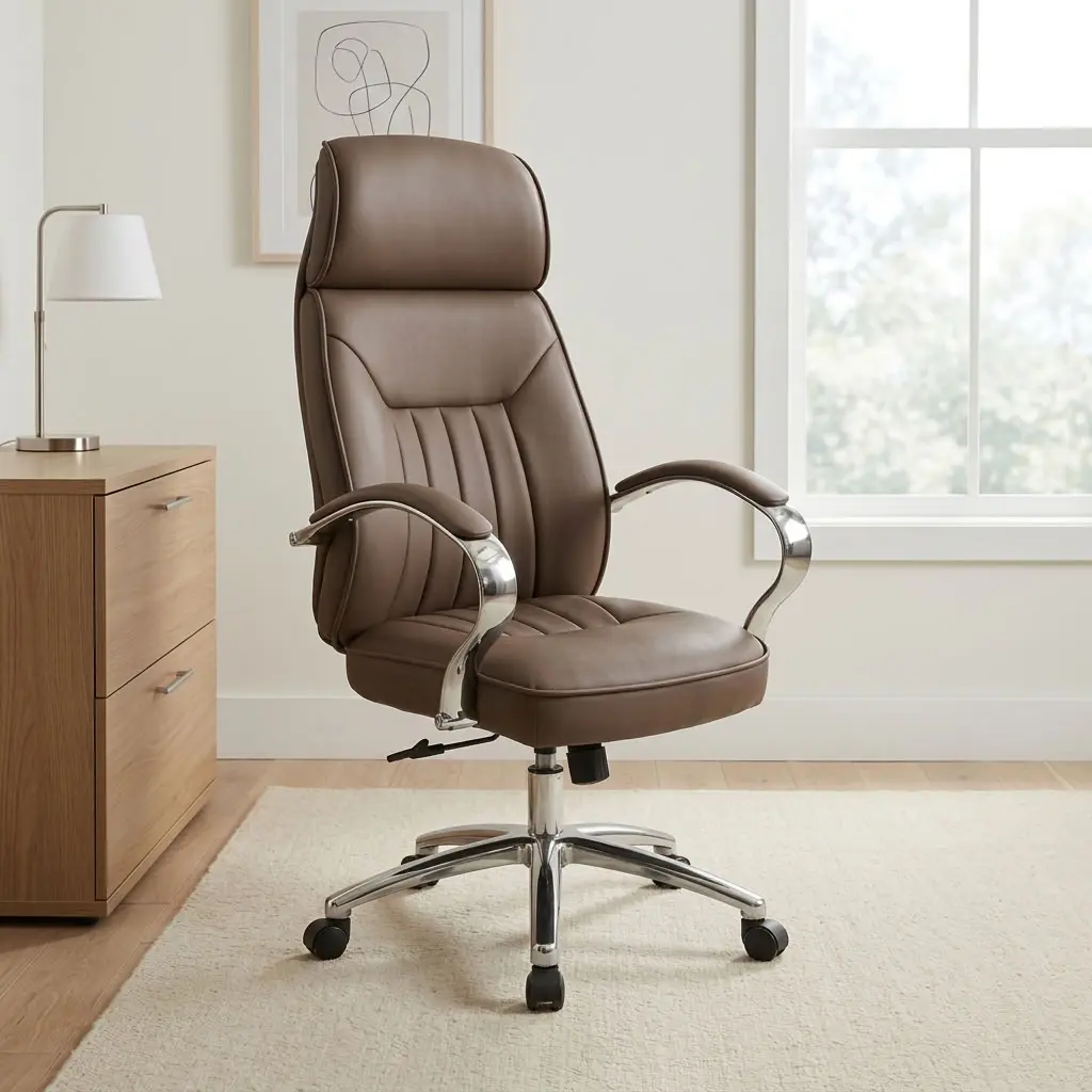 High back brown leather chair featuring taupe-brown leatherette upholstery with vertical channel stitching, an ergonomic high-back backrest with integrated padded headrest pillow, polished chrome curved loop armrests with upholstered brown arm caps, a pneumatic height-adjustment lever with tilt-tension control mechanism, and a polished chrome five-star swivel base on dual-wheel casters.