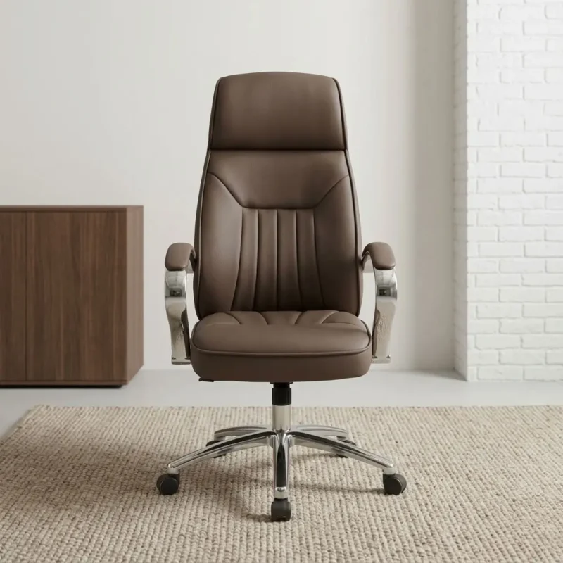 High back brown leather chair featuring taupe-brown leatherette upholstery with vertical channel stitching, an ergonomic high-back backrest with integrated padded headrest pillow, polished chrome curved loop armrests with upholstered brown arm caps, a pneumatic height-adjustment lever with tilt-tension control mechanism, and a polished chrome five-star swivel base on dual-wheel casters.