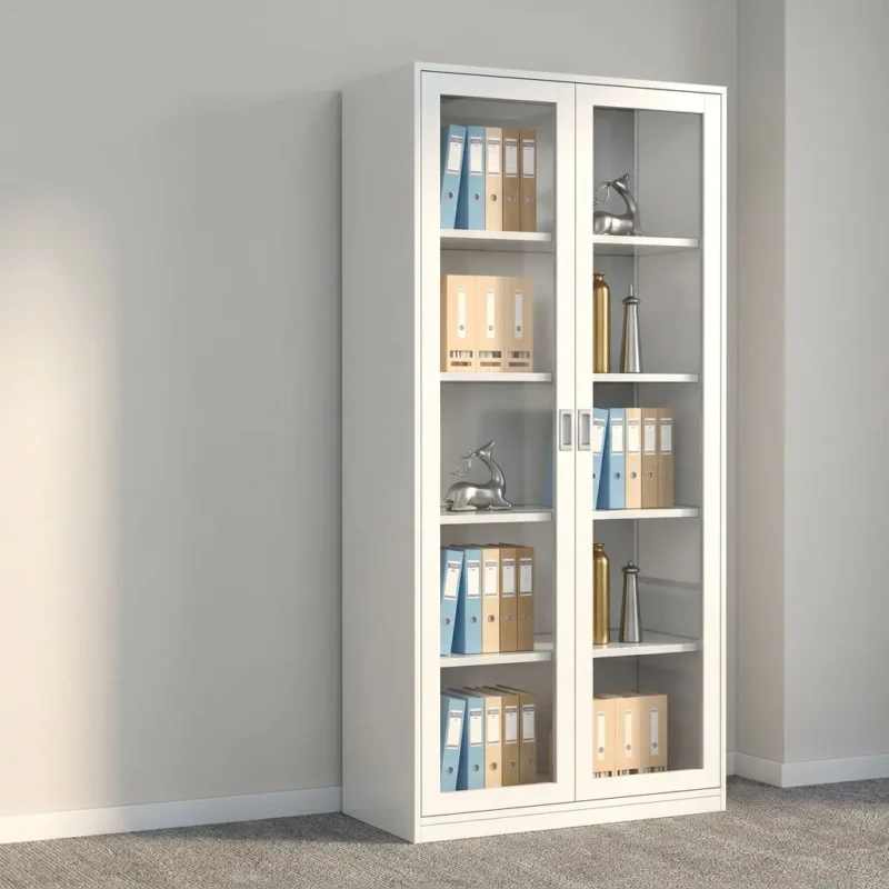 Full glass steel storage file cabinet featuring a clean white powder-coated steel frame, full-length dual metal-framed tempered glass swing doors with recessed handles and a key lock mechanism, multi-tier interior adjustable steel shelving, and a flat reinforced steel plinth base.