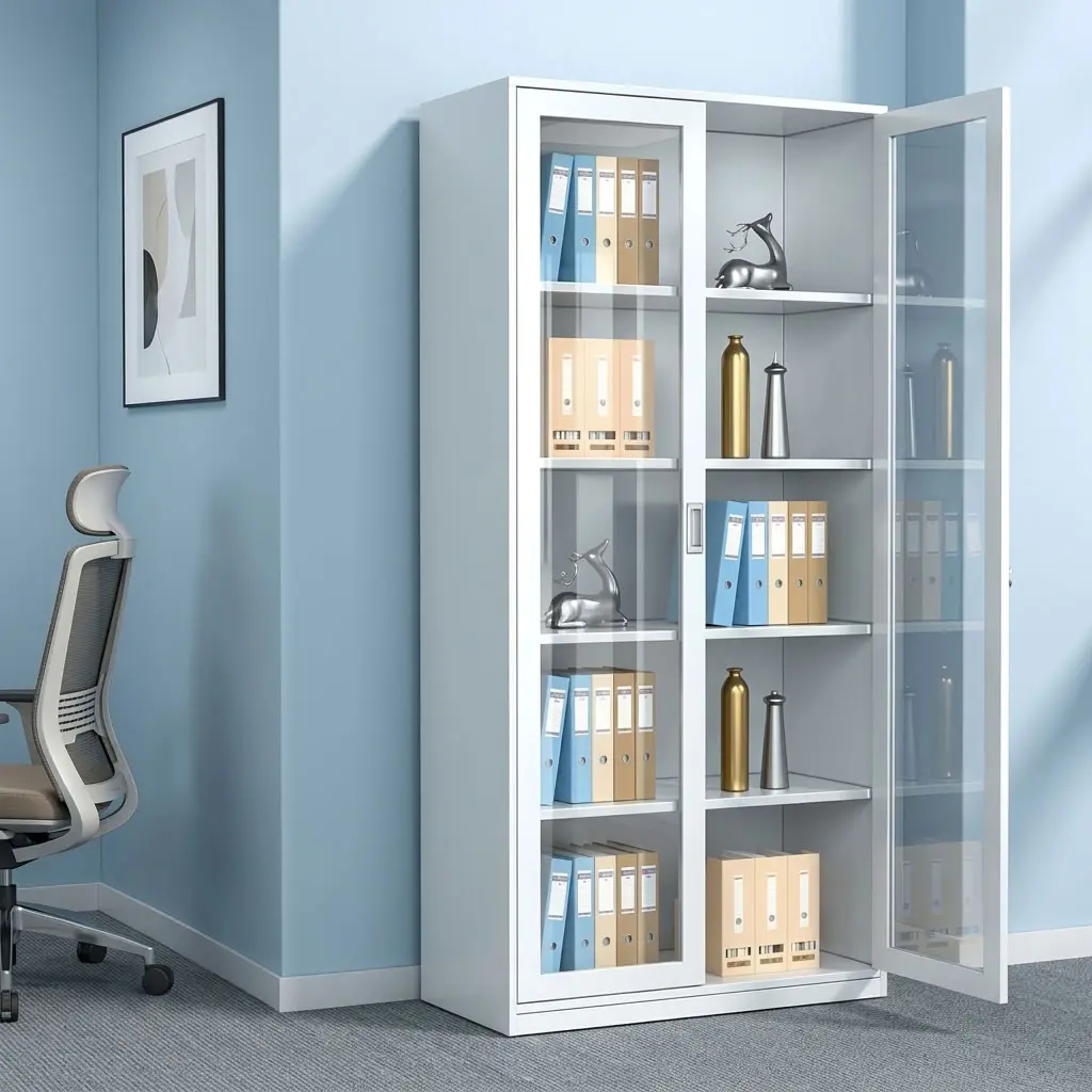 Full glass steel storage file cabinet featuring a clean white powder-coated steel frame, full-length dual metal-framed tempered glass swing doors with recessed handles and a key lock mechanism, multi-tier interior adjustable steel shelving, and a flat reinforced steel plinth base.