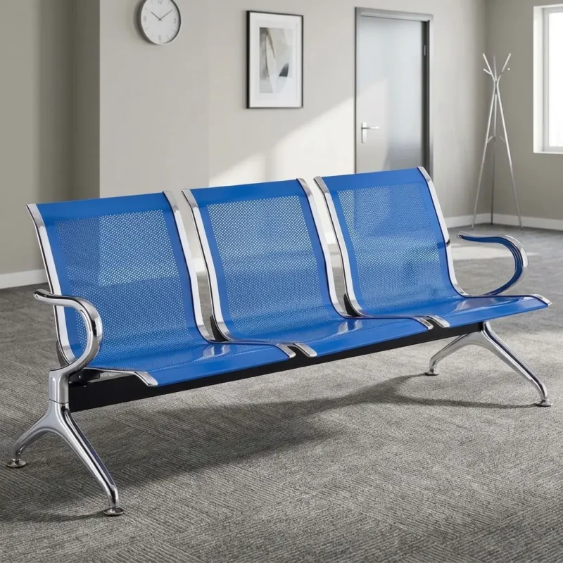 Blue 3-link reception bench featuring three blue powder-coated perforated steel seats with chrome-bordered trims, fixed chrome loop armrests at each end, a heavy-duty black steel cross-beam support structure, and polished chrome Y-shaped legs with adjustable levelling feet.