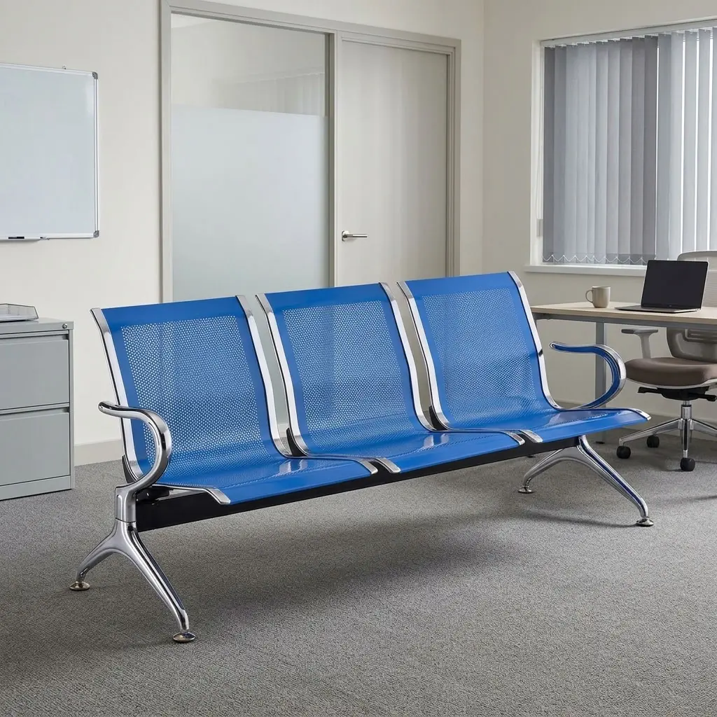 Blue 3-link reception bench featuring three blue powder-coated perforated steel seats with chrome-bordered trims, fixed chrome loop armrests at each end, a heavy-duty black steel cross-beam support structure, and polished chrome Y-shaped legs with adjustable levelling feet.