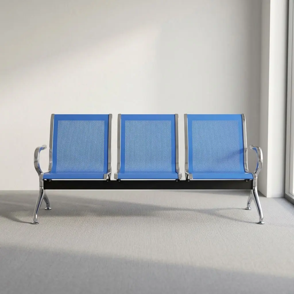 Blue 3-link waiting bench featuring three blue powder-coated perforated steel seats with chrome-bordered trims, fixed chrome loop armrests at each end, a heavy-duty black steel cross-beam support structure, and polished chrome Y-shaped legs with adjustable levelling feet.