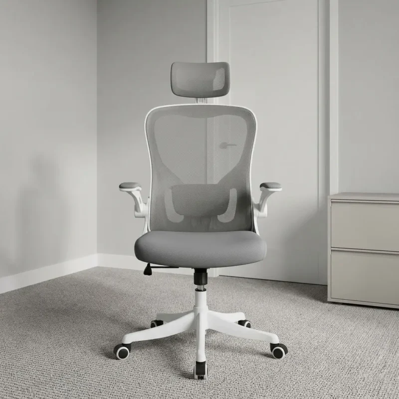 Gray mesh ergonomic office chair featuring breathable grey mesh back upholstery with a fabric padded seat cushion, an adjustable mesh headrest, height-adjustable contoured lumbar support mechanism, white flip-up armrests with grey padded arm caps, a pneumatic height-adjustment lever with tilt mechanism, and a white heavy-duty nylon five-star swivel base on dual-wheel casters.