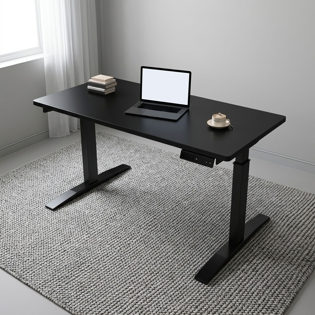 Black height-adjustable table featuring a smooth matte black laminate rectangular desktop with rounded corners, an under-desk digital keypad controller for electric elevation, and a heavy-duty black powder-coated steel motorized dual-stage T-frame leg structure with flat stabilizer feet.