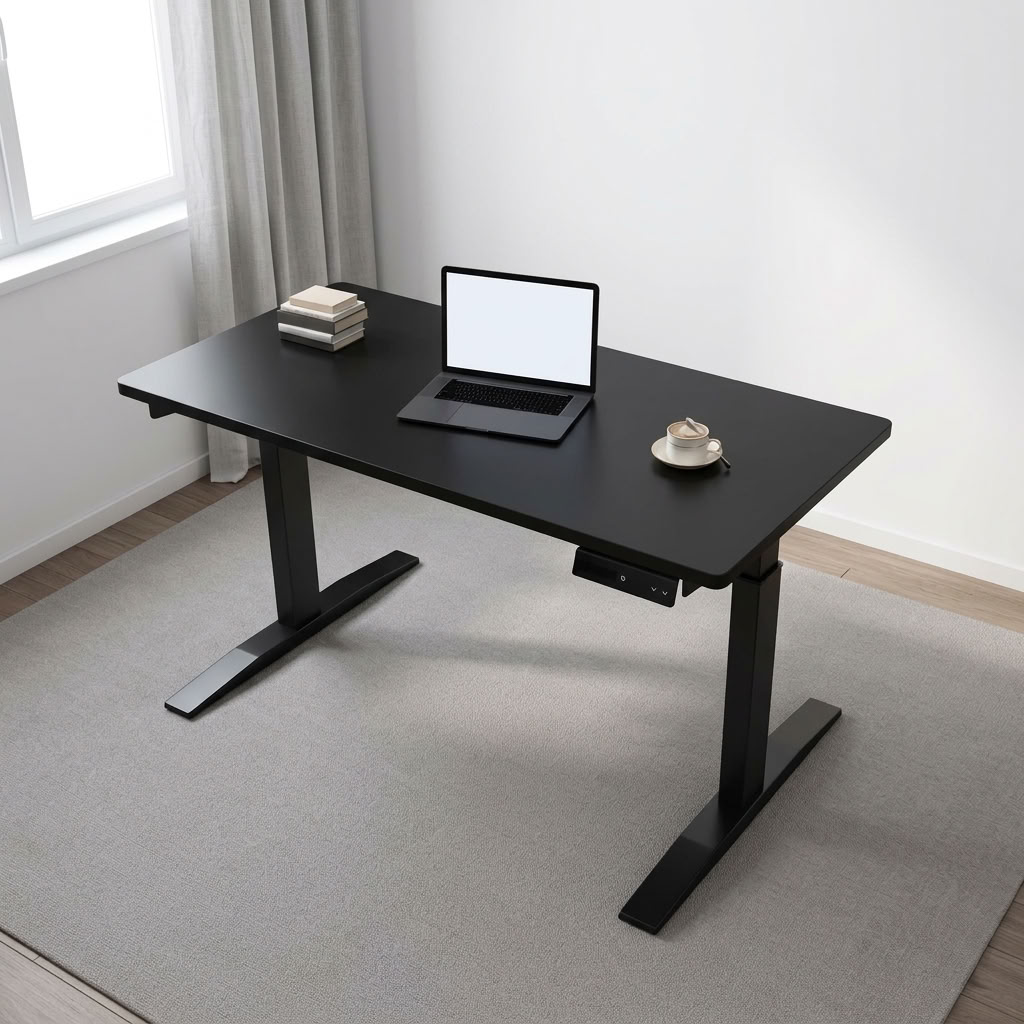 Black height-adjustable table featuring a smooth matte black laminate rectangular desktop with rounded corners, an under-desk digital keypad controller for electric elevation, and a heavy-duty black powder-coated steel motorized dual-stage T-frame leg structure with flat stabilizer feet.