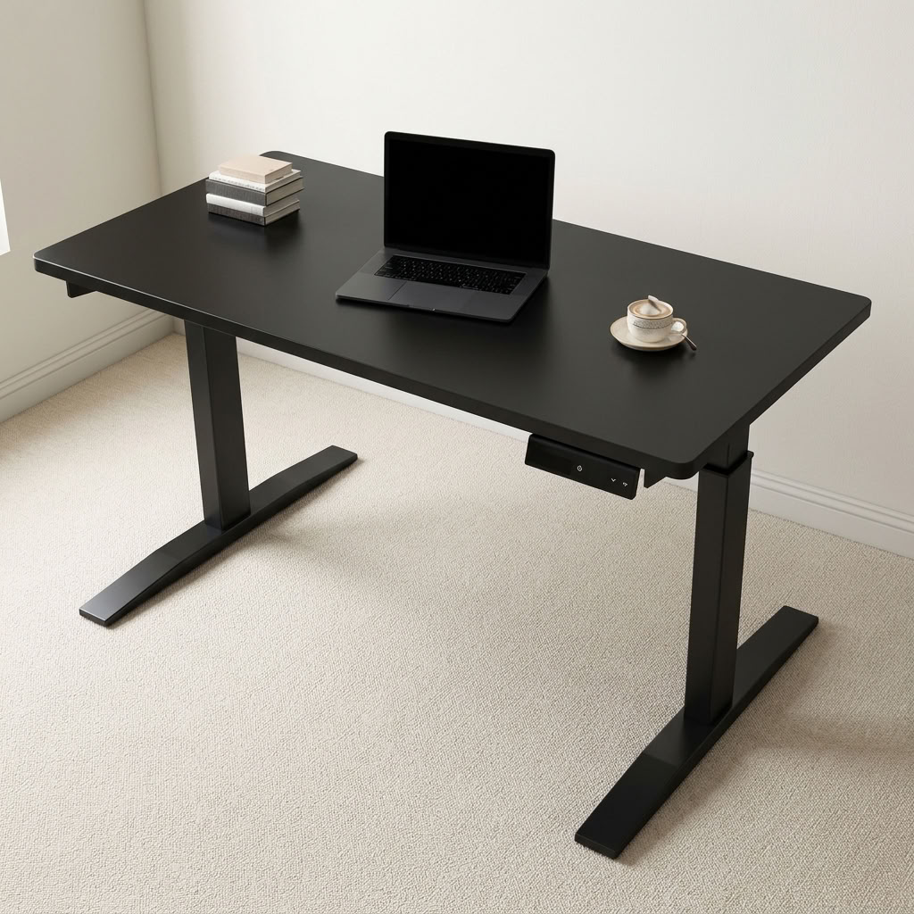 Black height-adjustable table featuring a smooth matte black laminate rectangular desktop with rounded corners, an under-desk digital keypad controller for electric elevation, and a heavy-duty black powder-coated steel motorized dual-stage T-frame leg structure with flat stabilizer feet.