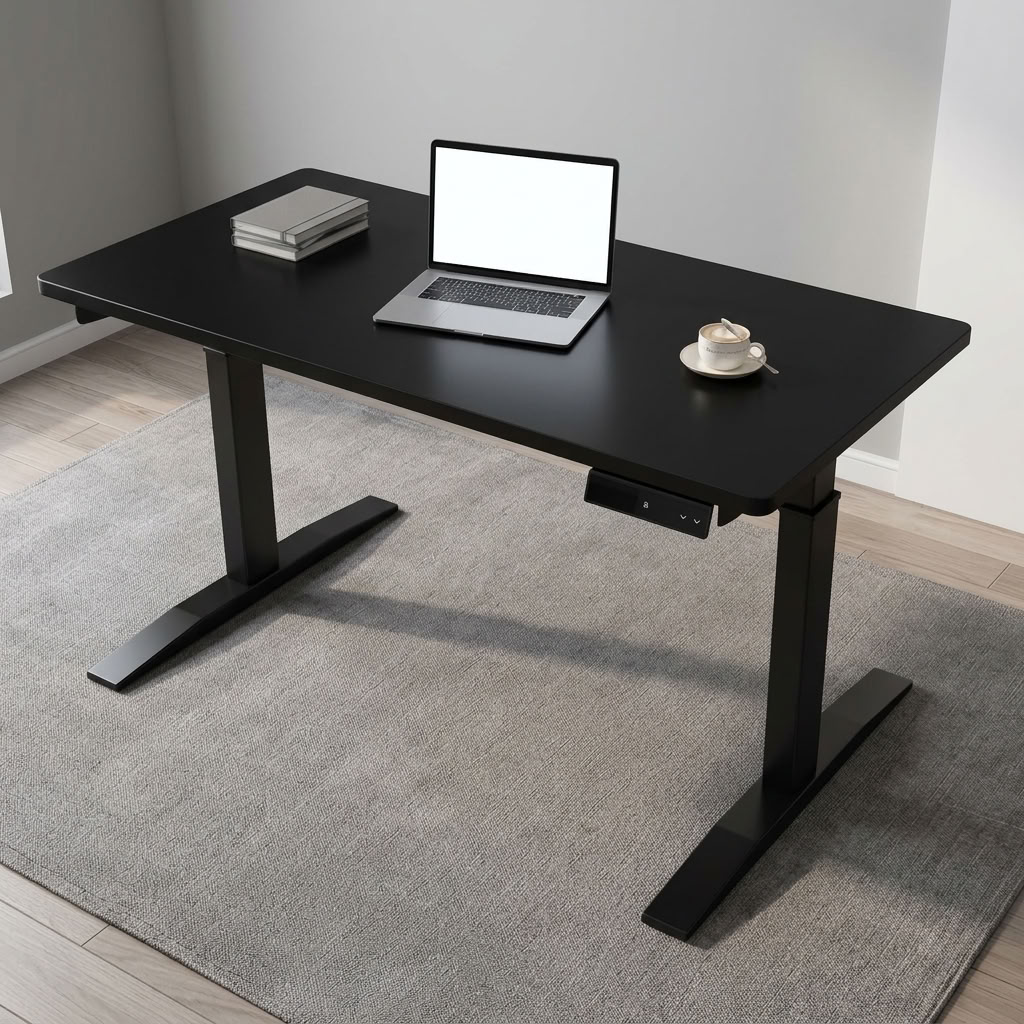 Black height-adjustable table featuring a smooth matte black laminate rectangular desktop with rounded corners, an under-desk digital keypad controller for electric elevation, and a heavy-duty black powder-coated steel motorized dual-stage T-frame leg structure with flat stabilizer feet.