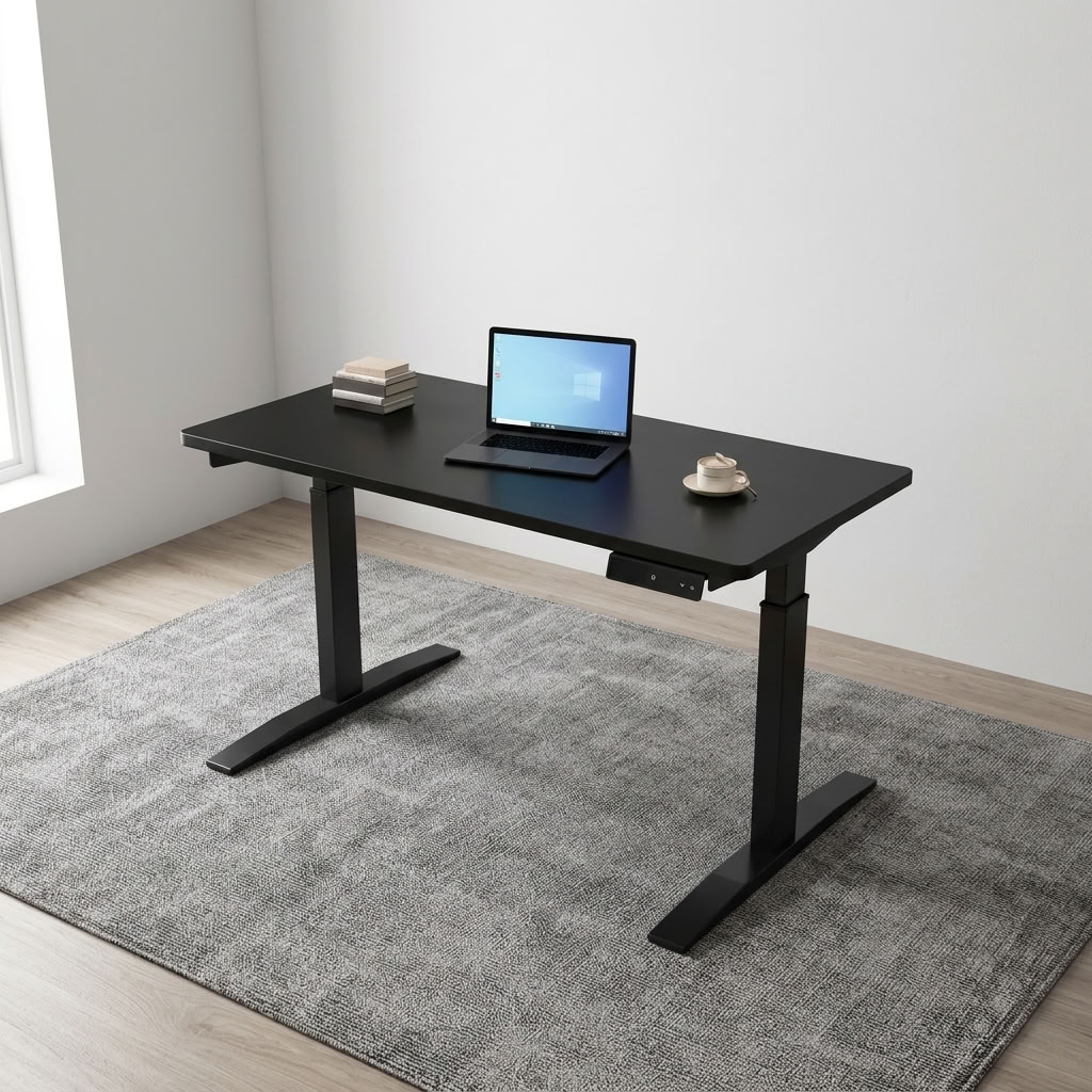 Black height-adjustable table featuring a smooth matte black laminate rectangular desktop with rounded corners, an under-desk digital keypad controller for electric elevation, and a heavy-duty black powder-coated steel motorized dual-stage T-frame leg structure with flat stabilizer feet.