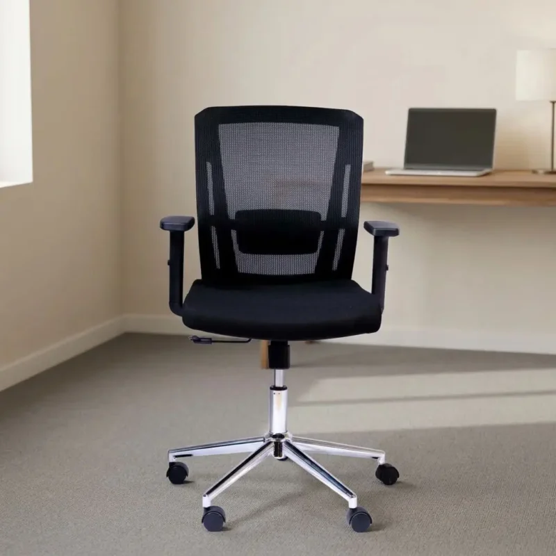 Black orthopedic mesh office chair featuring a breathable black mesh mid-back backrest with high-density fabric padded seat cushion, integrated adjustable lumbar support pad, height-adjustable black T-shaped armrests, a pneumatic height-adjustment lever with tilt mechanism, and a polished chrome five-star swivel base on dual-wheel casters.