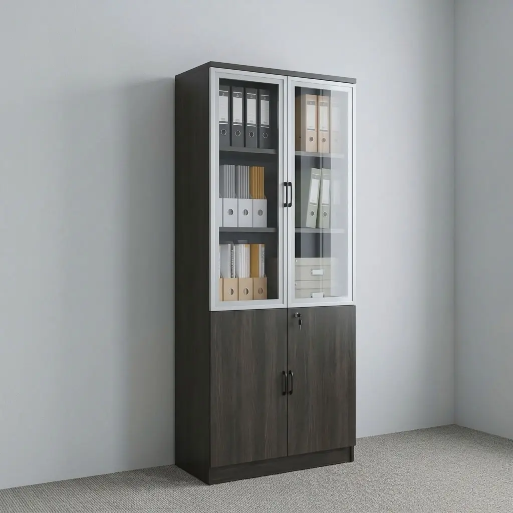 Lockable wooden file cabinet featuring a dark espresso wood-grain laminate carcass, upper dual aluminum-framed glass swing doors with vertical black handles, lower solid wooden swing doors with a central key lock mechanism, multi-tier interior adjustable storage shelving, and a sturdy integrated plinth base.