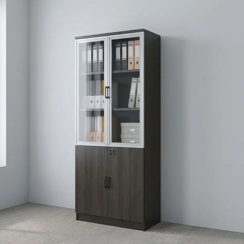 Half glass wooden file cabinet featuring a dark espresso wood-grain laminate carcass, upper white aluminum-framed glass swing doors with vertical black handles, lower solid wooden swing doors with a central key lock mechanism, multi-tier interior adjustable storage shelving, and a sturdy integrated plinth base.