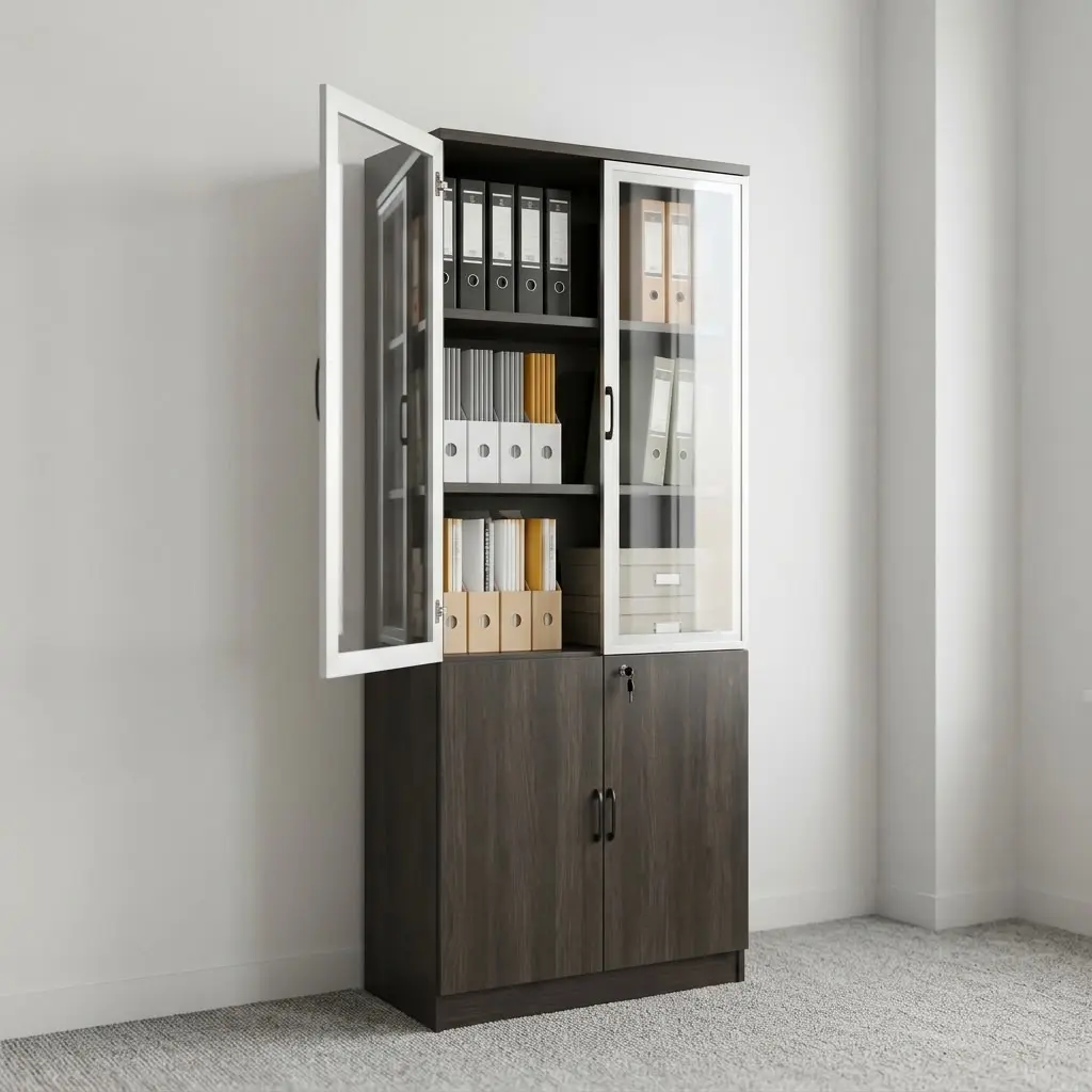 Double door wooden file cabinet featuring a dark espresso wood-grain laminate carcass, upper white aluminum-framed glass swing doors with vertical black handles, lower solid wooden swing doors with a central key lock mechanism, multi-tier interior adjustable storage shelving, and a sturdy integrated plinth base.