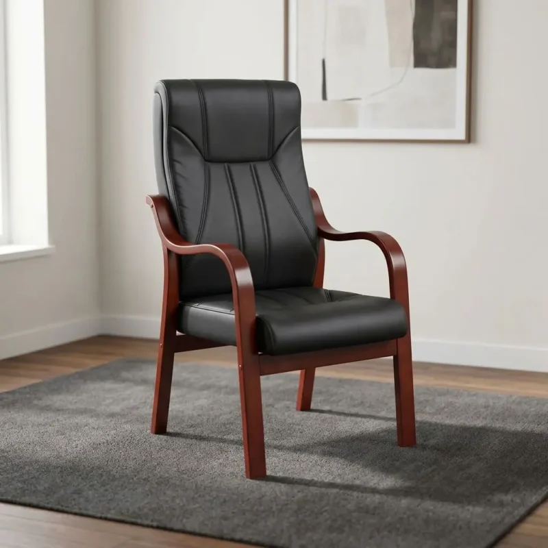 Executive leather conference chair featuring premium black leatherette upholstery with geometric accent panel stitching, an ergonomic high-back backrest, mahogany-finished curved solid wood armrests, and a sturdy mahogany-finished wooden four-leg stationary frame.
