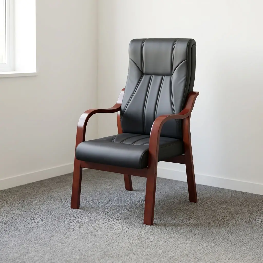 Executive leather conference chair featuring premium black leatherette upholstery with geometric accent panel stitching, an ergonomic high-back backrest, mahogany-finished curved solid wood armrests, and a sturdy mahogany-finished wooden four-leg stationary frame.