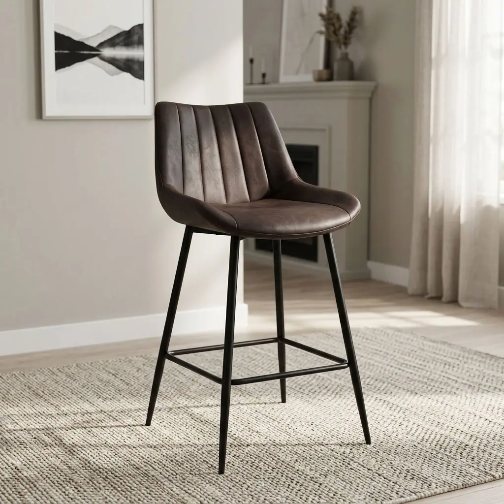 Modern gray kitchen barstool featuring distressed dark gray leatherette upholstery with vertical channel tufting on the low backrest, a scoop seat design, an armless profile, integrated lower footrest stretchers, and slender black powder-coated metal legs.