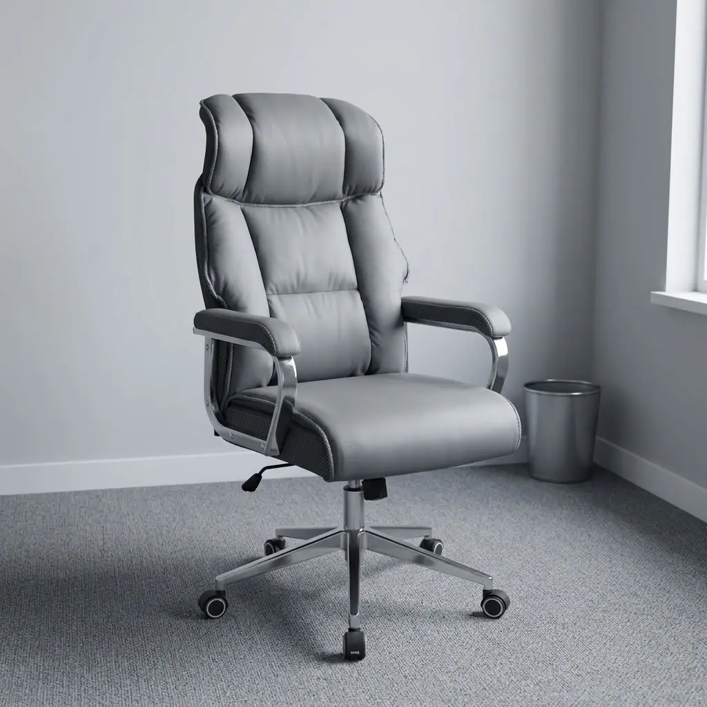 Gray leather executive chair featuring plush slate-gray leatherette upholstery with segmented pillow cushioning on the high backrest and seat, padded fixed armrests with polished chrome supports, an integrated pneumatic height-adjustment lever, and a polished heavy-duty five-star swivel base equipped with dual-wheel casters.