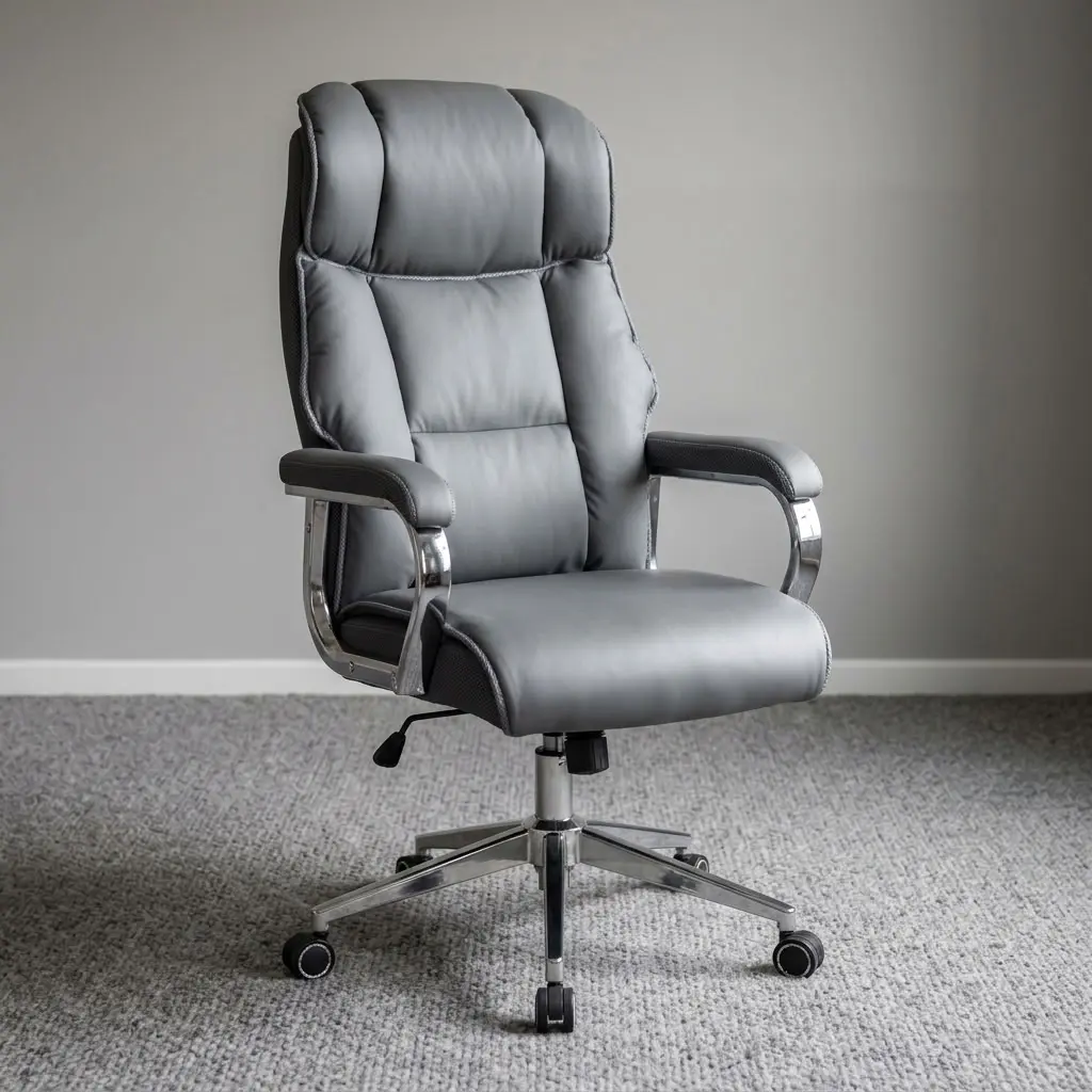 Gray leather executive chair featuring plush slate-gray leatherette upholstery with segmented pillow cushioning on the high backrest and seat, padded fixed armrests with polished chrome supports, an integrated pneumatic height-adjustment lever, and a polished heavy-duty five-star swivel base equipped with dual-wheel casters.