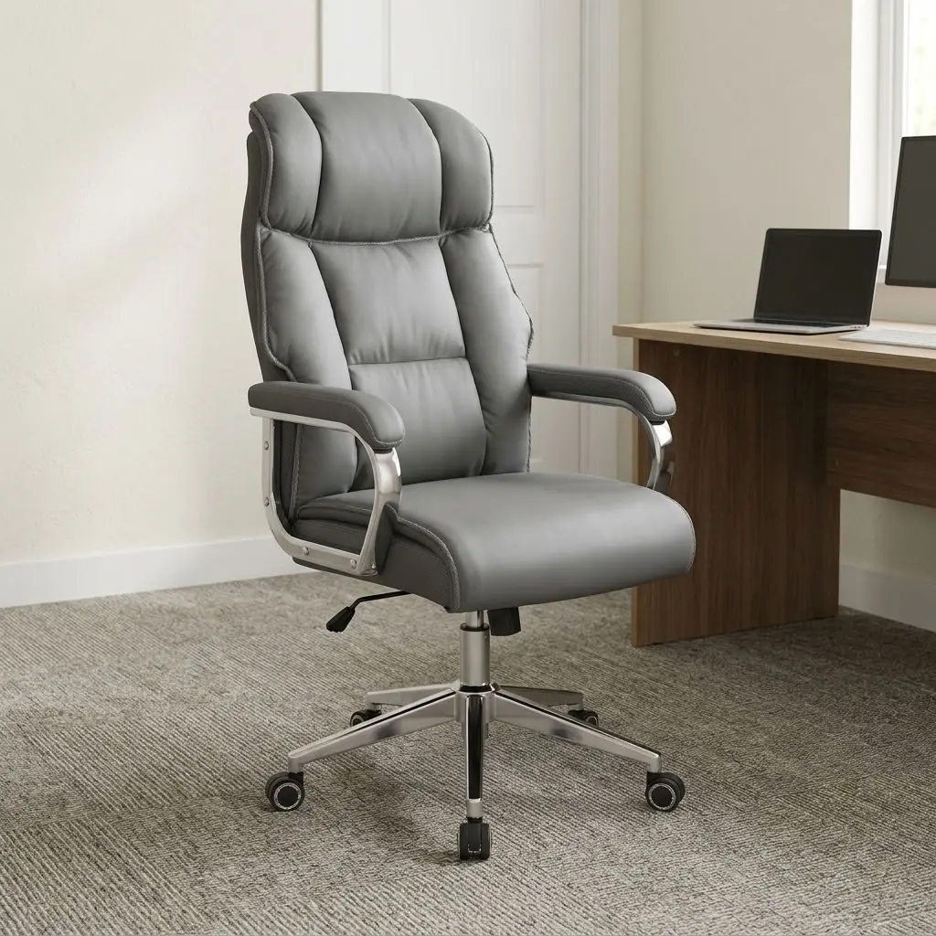 Gray leather executive chair featuring plush slate-gray leatherette upholstery with segmented pillow cushioning on the high backrest and seat, padded fixed armrests with polished chrome supports, an integrated pneumatic height-adjustment lever, and a polished heavy-duty five-star swivel base equipped with dual-wheel casters.