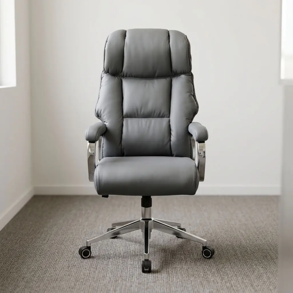 Gray leather executive chair featuring plush slate-gray leatherette upholstery with segmented pillow cushioning on the high backrest and seat, padded fixed armrests with polished chrome supports, an integrated pneumatic height-adjustment lever, and a polished heavy-duty five-star swivel base equipped with dual-wheel casters.