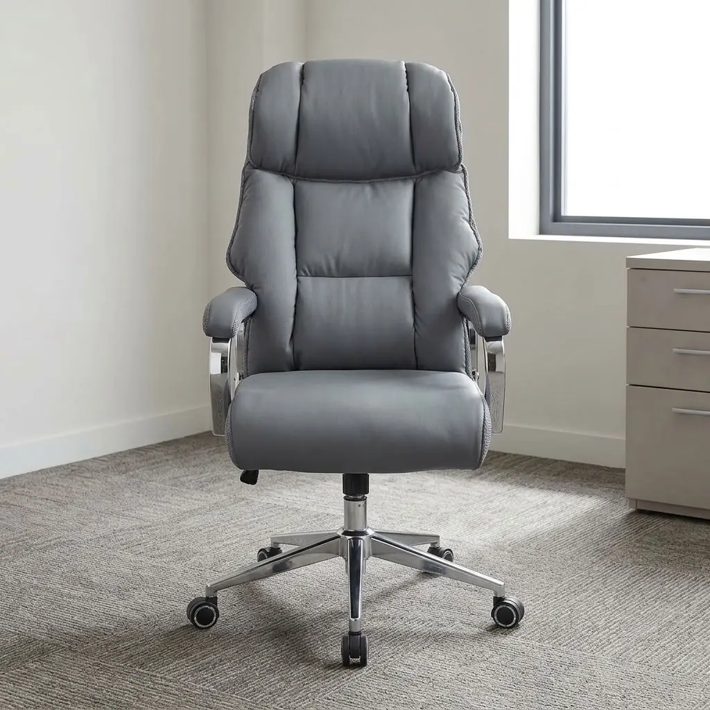 Gray leather executive chair featuring plush slate-gray leatherette upholstery with segmented pillow cushioning on the high backrest and seat, padded fixed armrests with polished chrome supports, an integrated pneumatic height-adjustment lever, and a polished heavy-duty five-star swivel base equipped with dual-wheel casters.