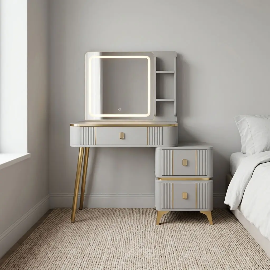 Modern dresser with LED light featuring a off-white painted finish with fluted drawer fronts and brushed gold hardware, an illuminated square mirror with an integrated LED halo rim alongside side storage shelves, a single main desk drawer, an attached side chest of two drawers, supported by angled brushed gold metal legs.