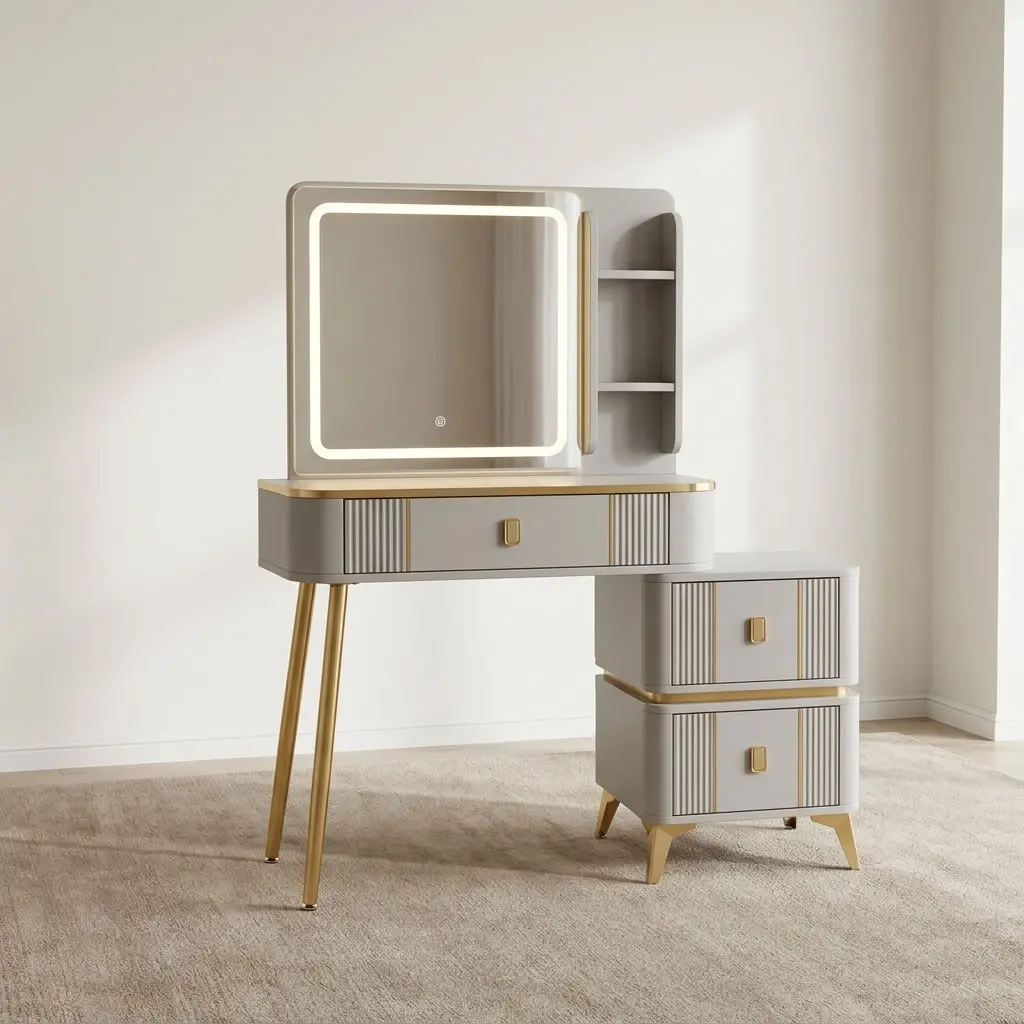 Modern dresser with LED light featuring a off-white painted finish with fluted drawer fronts and brushed gold hardware, an illuminated square mirror with an integrated LED halo rim alongside side storage shelves, a single main desk drawer, an attached side chest of two drawers, supported by angled brushed gold metal legs.