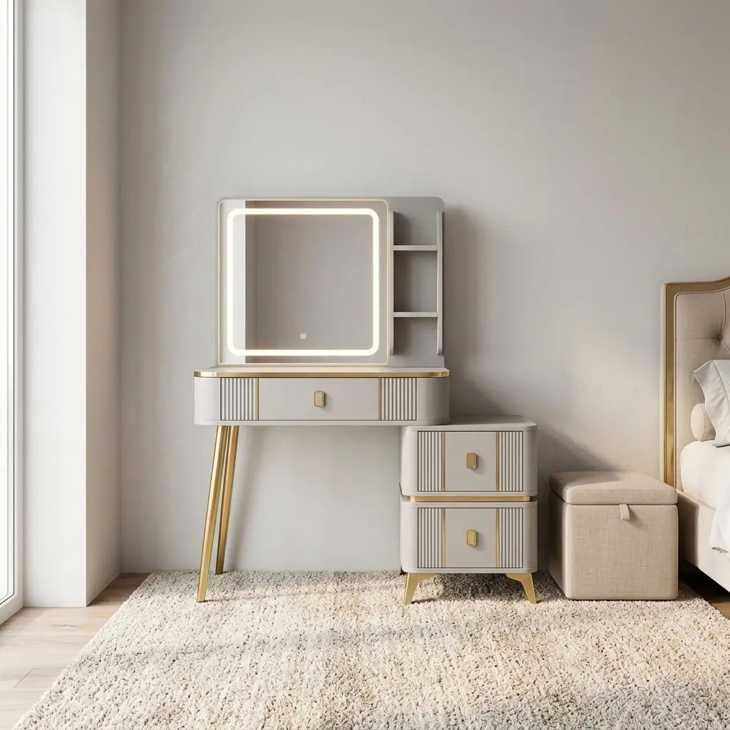 Modern dresser with LED light featuring a off-white painted finish with fluted drawer fronts and brushed gold hardware, an illuminated square mirror with an integrated LED halo rim alongside side storage shelves, a single main desk drawer, an attached side chest of two drawers, supported by angled brushed gold metal legs.
