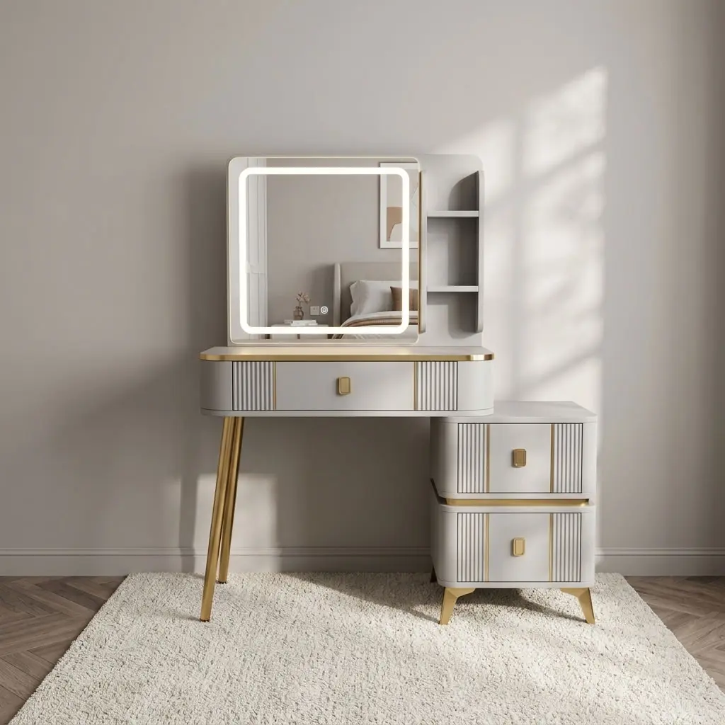 Modern dresser with LED light featuring a off-white painted finish with fluted drawer fronts and brushed gold hardware, an illuminated square mirror with an integrated LED halo rim alongside side storage shelves, a single main desk drawer, an attached side chest of two drawers, supported by angled brushed gold metal legs.