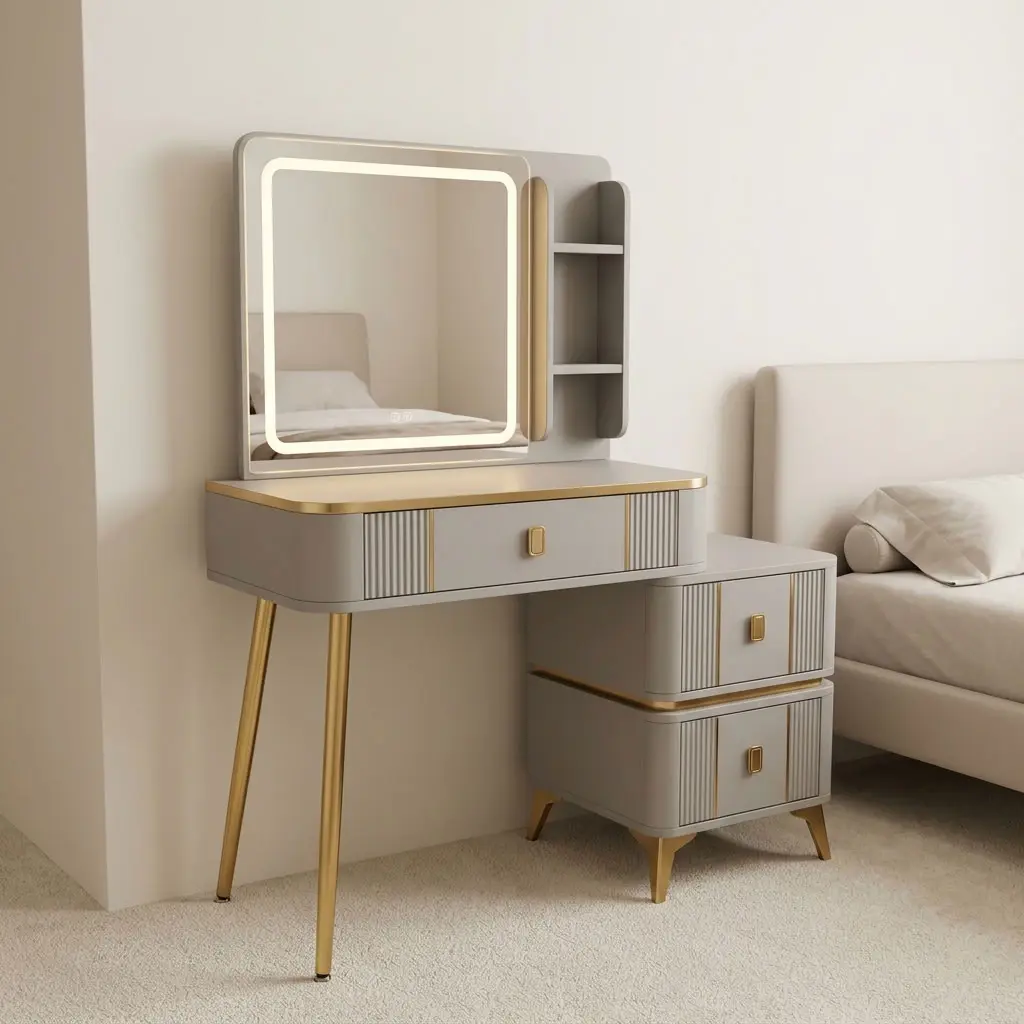 Modern dresser with LED light featuring a off-white painted finish with fluted drawer fronts and brushed gold hardware, an illuminated square mirror with an integrated LED halo rim alongside side storage shelves, a single main desk drawer, an attached side chest of two drawers, supported by angled brushed gold metal legs.