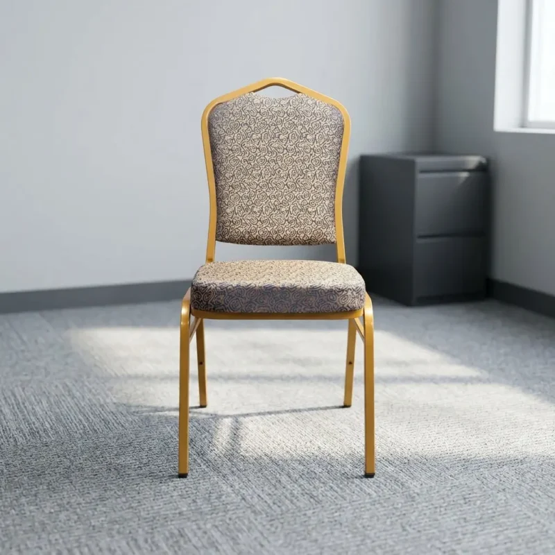 Brown fabric conference chair featuring patterned brown fabric upholstery over a thickly padded seat and backrest, an integrated top-handle crown backrest frame, and a stackable gold-finished steel frame with four square legs.
